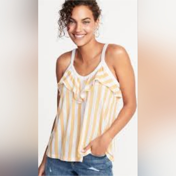 Old Navy Sleeveless Ruffle-Trim Top Yellow Striped Size Large NWT - Picture 1 of 8